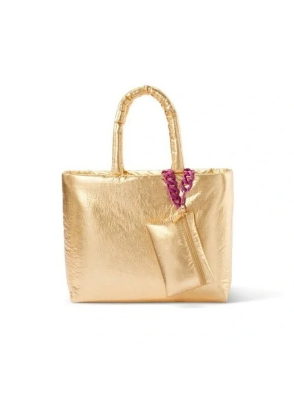 Large Puffer Tote Bag Kika Vargas Shiny Metallic Gold w/ Clip on Mini Bag - Picture 2 of 9